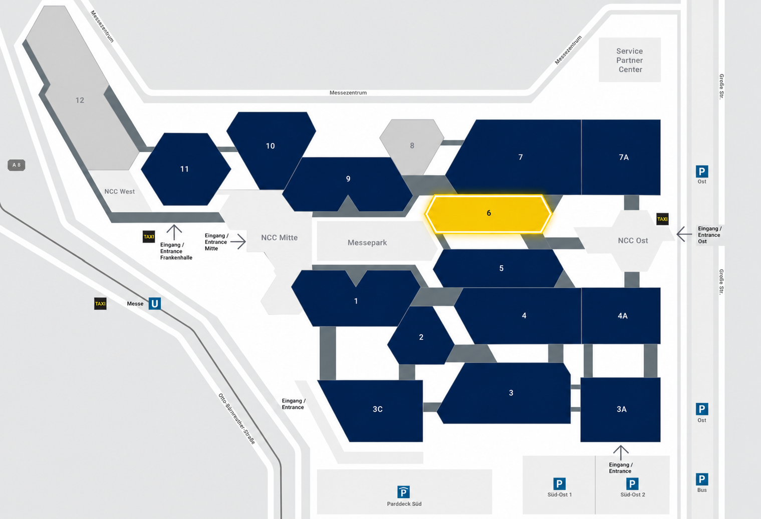 Exhibition Centre Nuremberg site plan with Hall 6, home of the Zuken stand, highlighted